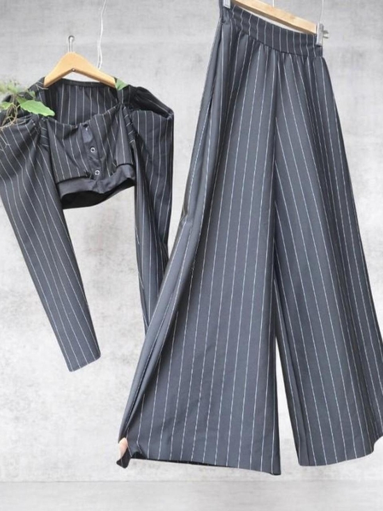 Vintage Pants - Vintage Black Pinstripe Crop Top & Wide-Leg Pant Set Xxs Xs
